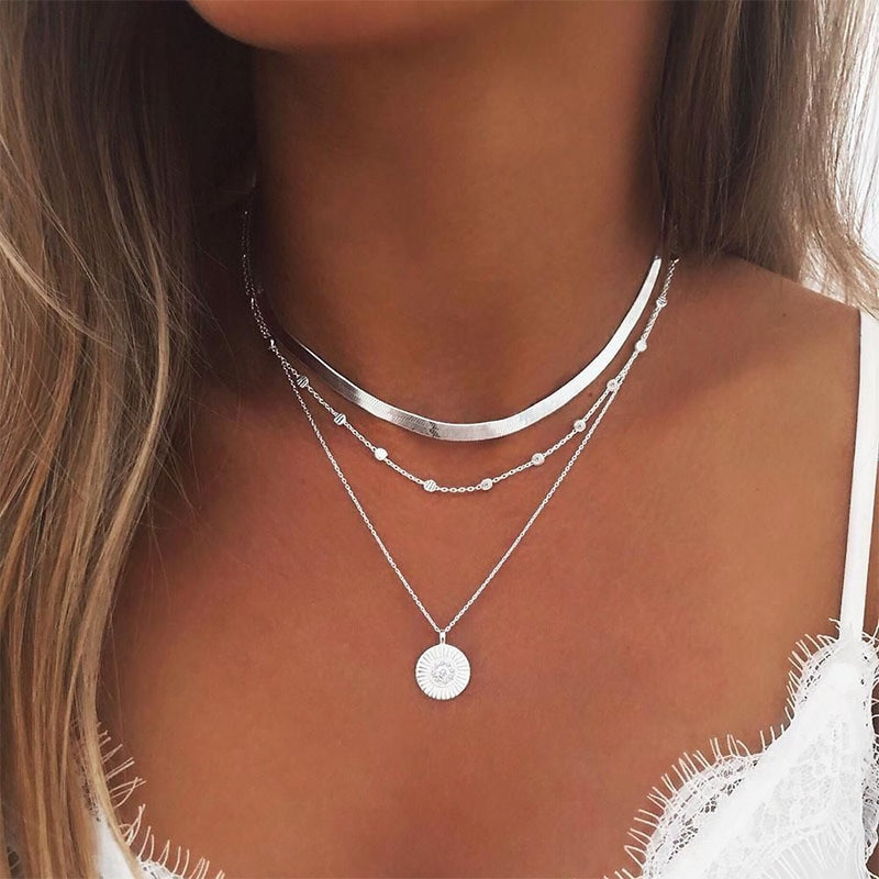 Elegant Silver Necklace: 3-Layer Round Design, Women's Jewelry