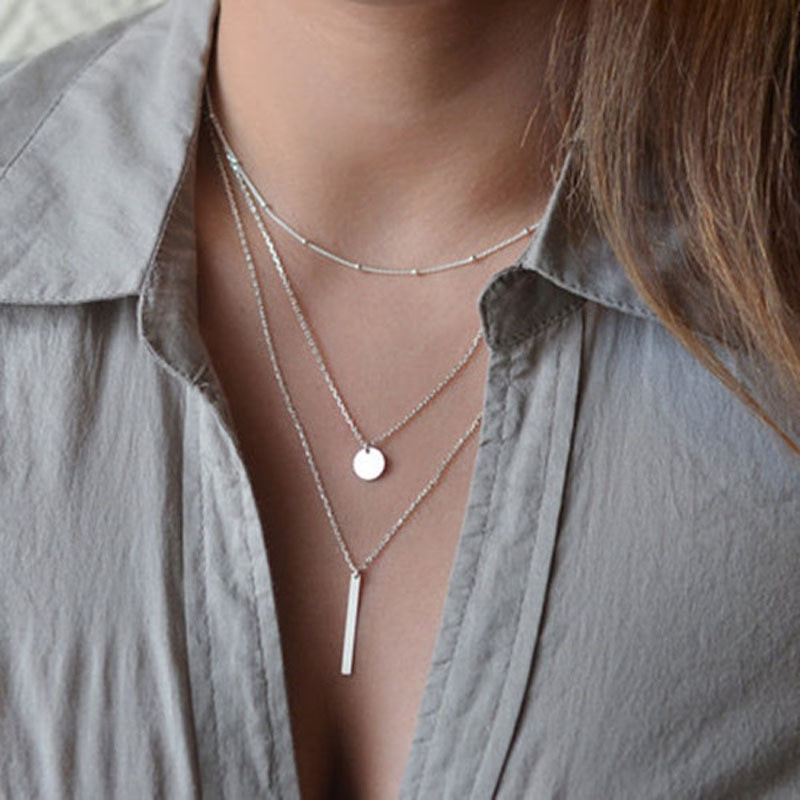 Elegant Silver Triple Layer Necklace: Shiny Long Bar Pendant