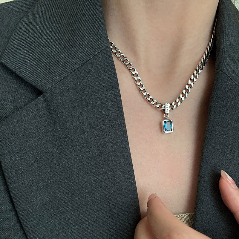 Trendy Silver Square Blue Zirconia Necklace: Cuban Choker Style