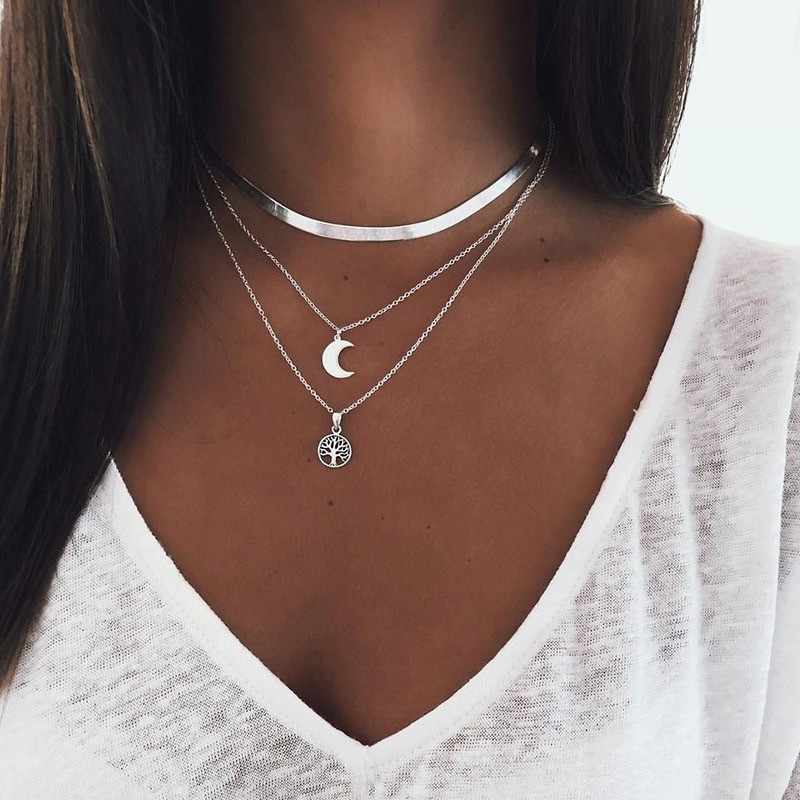 Trendy Silver Triple Layer Necklace: Moon Pendant, Choker Style