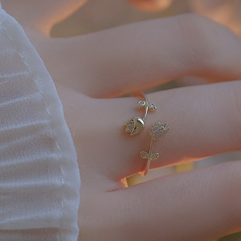 Gold Color Rose Flower Ring for Girl Adjustable Zircons Jewelry